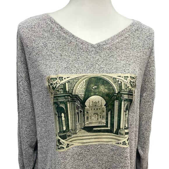 Hand Printed Womens Large Upcycled Architecture Columns Castle Long Slv Sweater - Picture 2 of 6